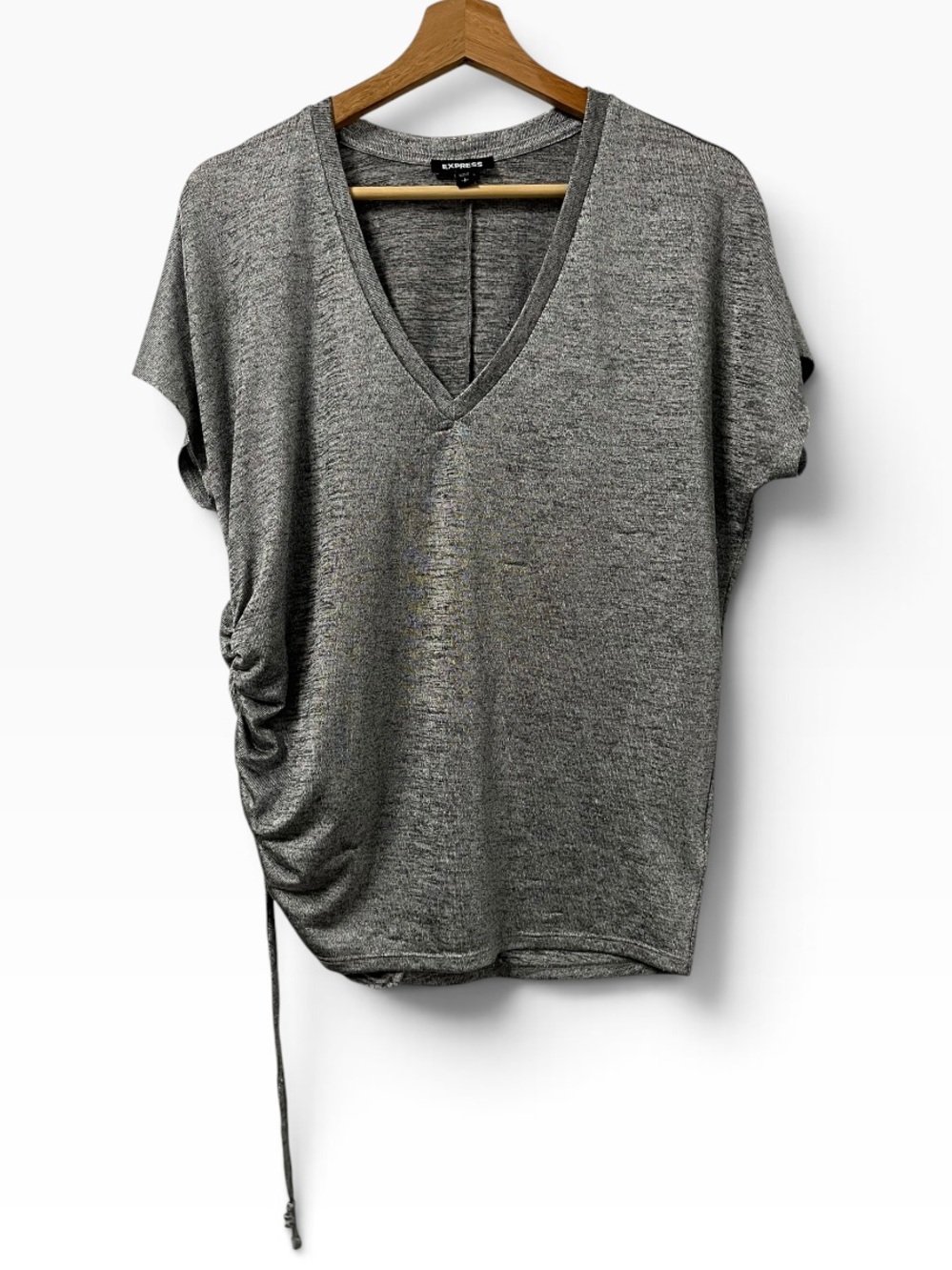 Express Silver Gray Ruched Top Women’s S Deep V Neck Stretch Y2K Drawstring